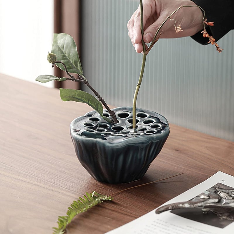 Eggone Lotus Pod Flower Arrangement Vase, Ceramic Flower Frog Pot, Ikebana Stem Holder, Decorative Flower Frog Container, Floral Arrangement Bowl for Tea Table, Ceramic Flower Vase Kenzan (Dark Blue) - Image 4